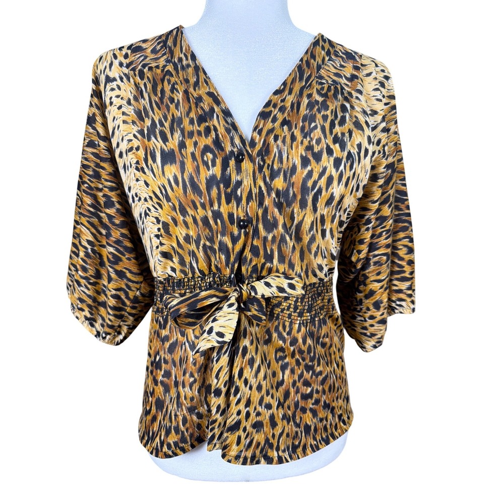 Peppermill Leopard Print Kimono Sleeve Smocked Waist V-Neck Blouse Tan Black